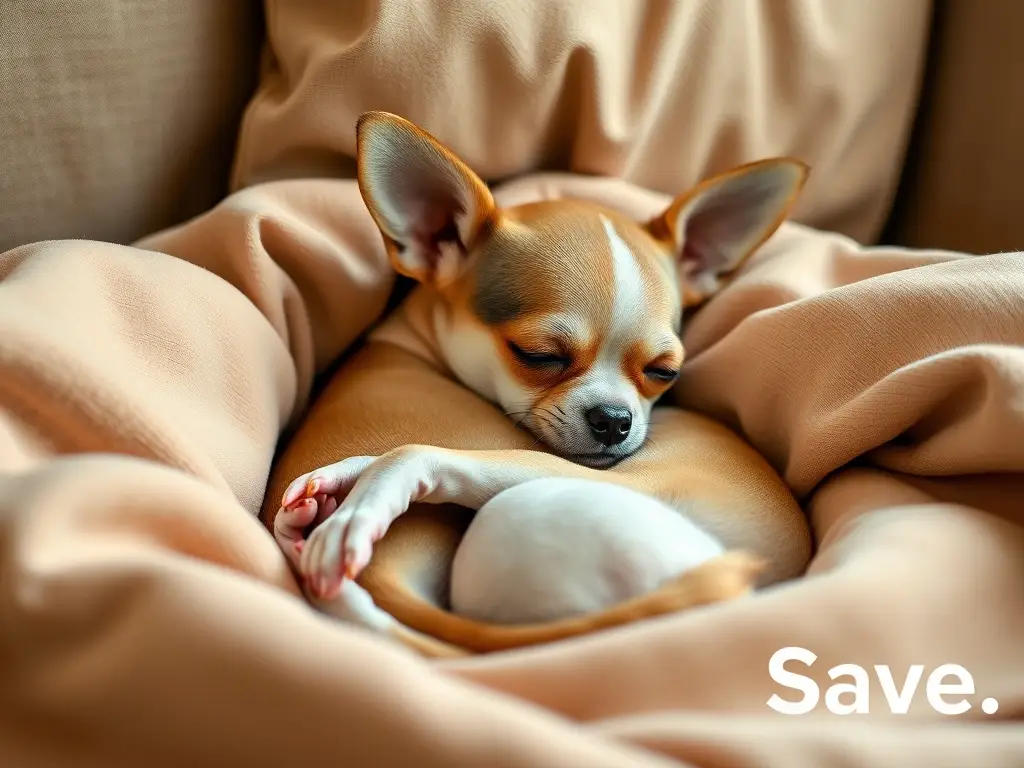 Fotografía realista de un cachorro chihuahua dormido en cama
