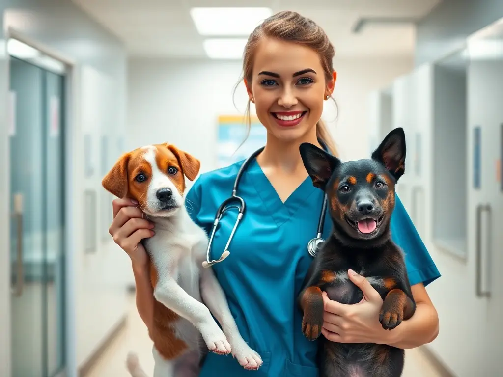 Retrato realista de una joven dueña de perros con stethoscope en una clínica veterinaria