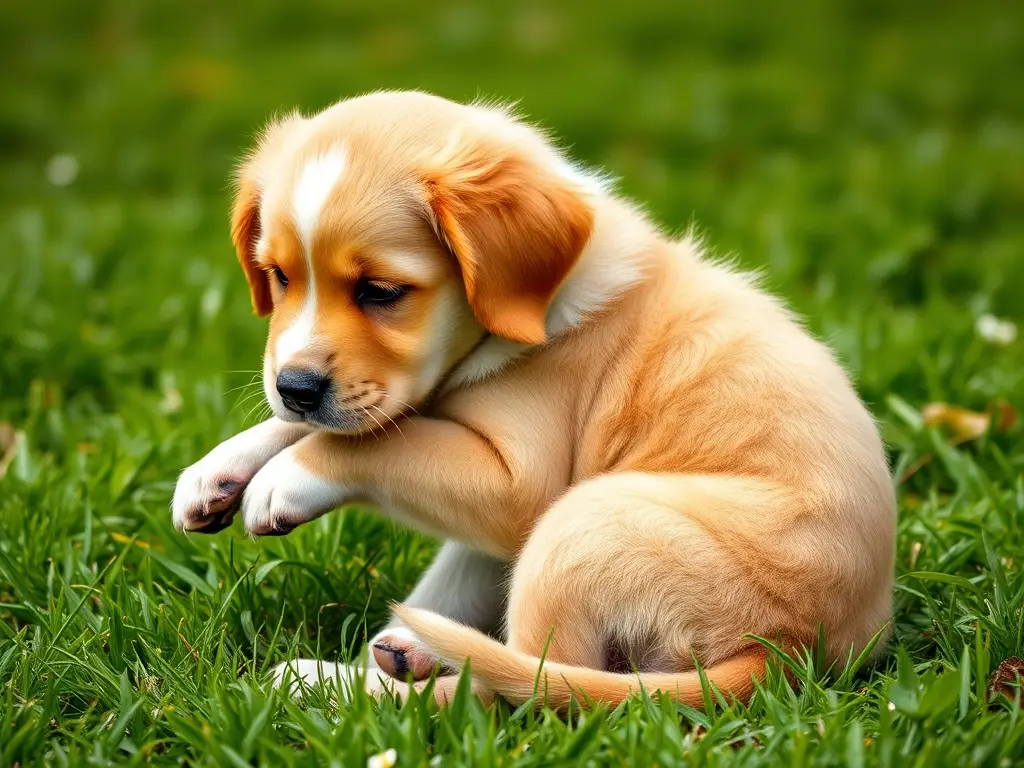 Fotografía realista de un cachorro de Golden Retriever juguetón en un campo verde