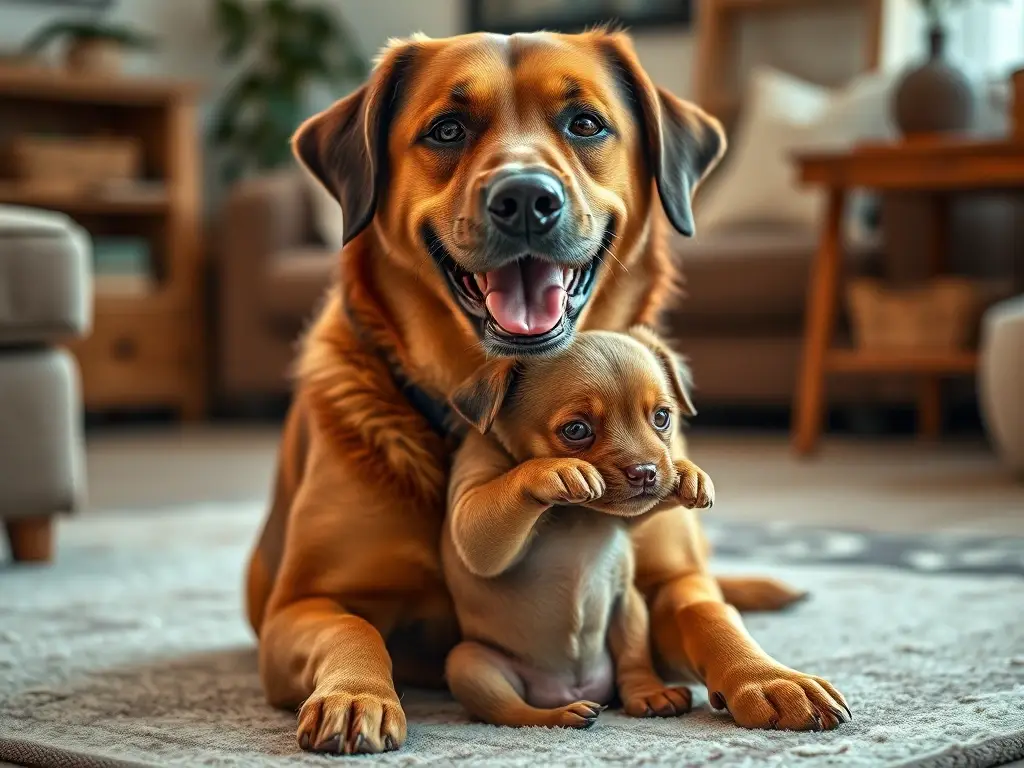 Un retrato realista de una madre perruna con un cachorro