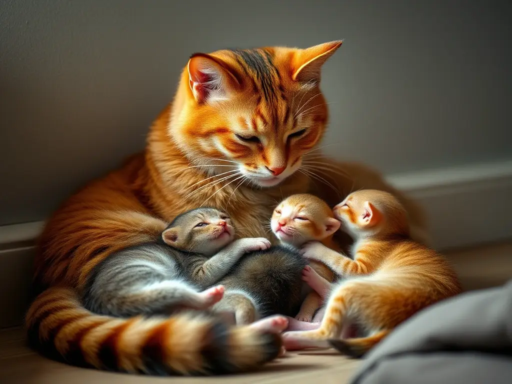 Fotografía realista de una madre gatuno con sus cachorros bebiendo, limpia y acogedoras