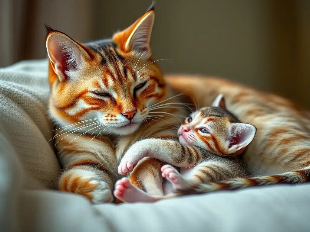 Un retrato realista de una gata y su gatito, con un ambiente acogedor