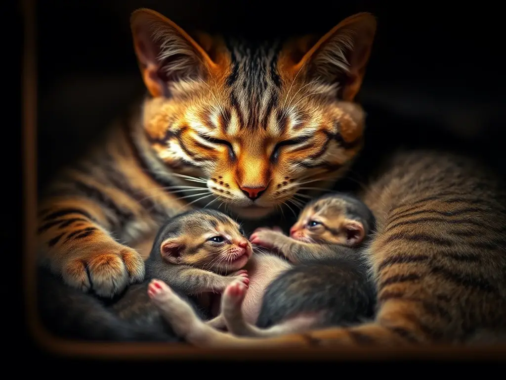 Retrato fotográfico realista de una gata con anCategoría de bebés en una caja
