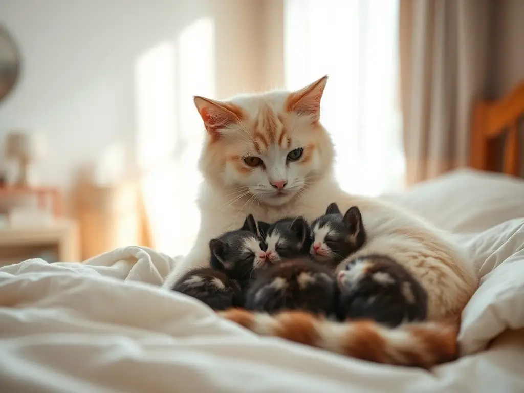 Una gata madre acariciando a sus gatitos