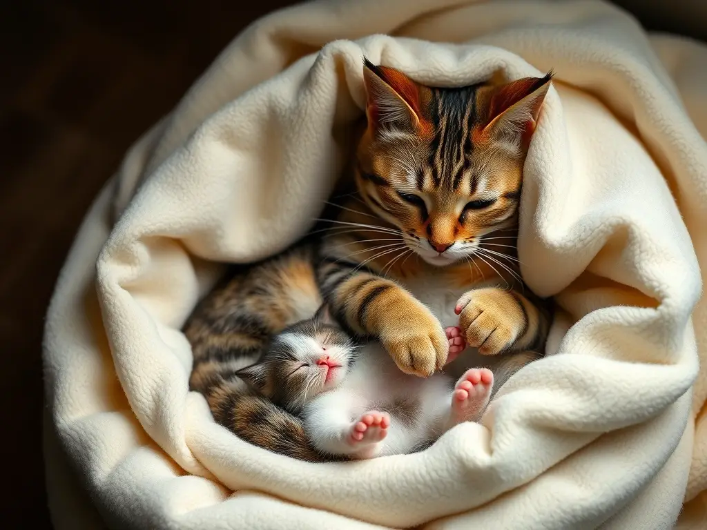 Imagen realista de un felino tabby dando a luz a un gatito con cariño