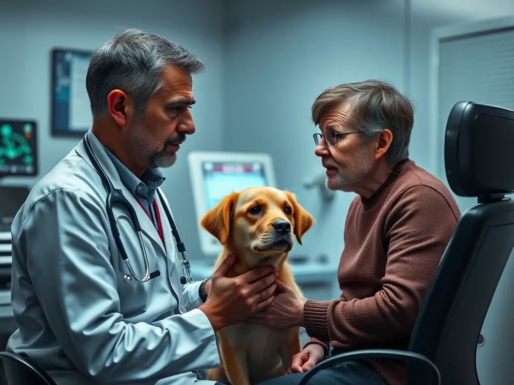 Imagen realista de veterinario consultado por dueño preocupado por perro