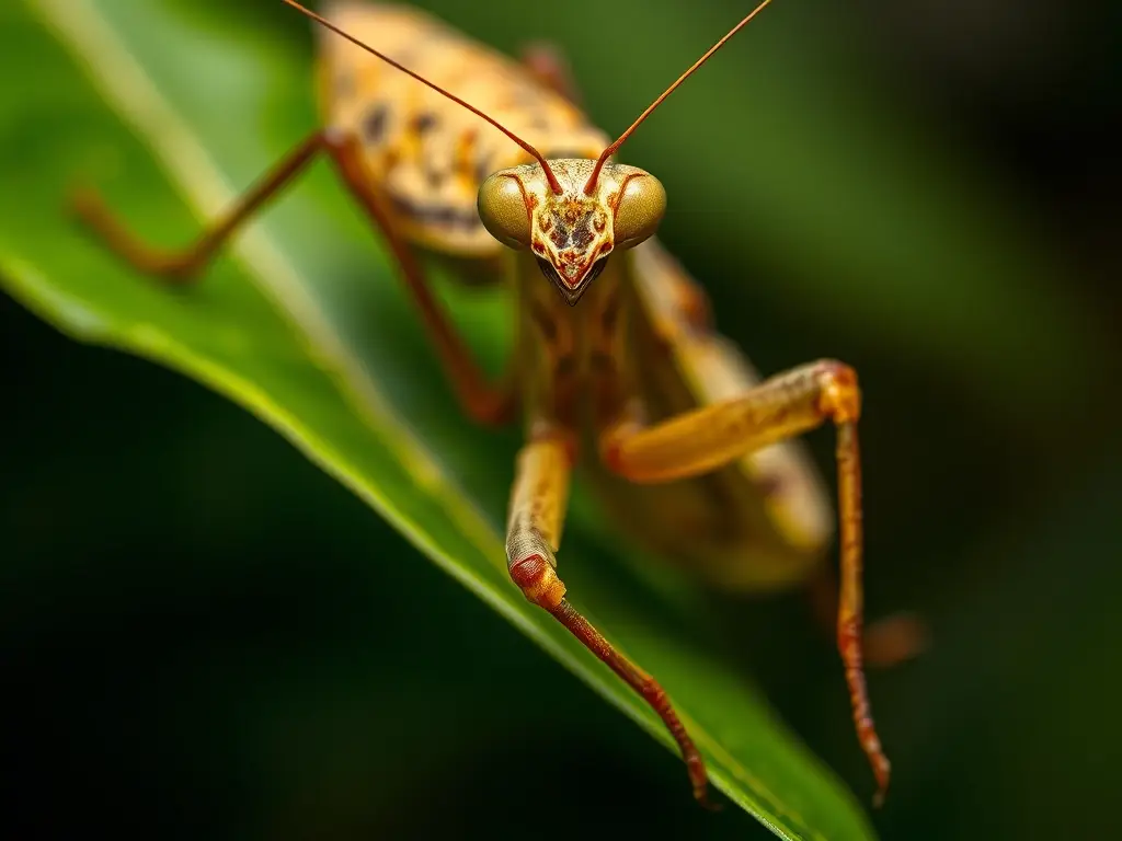 Foto realista de una mantis religiosa en hoja mojada, con patrones de camuflaje detallados