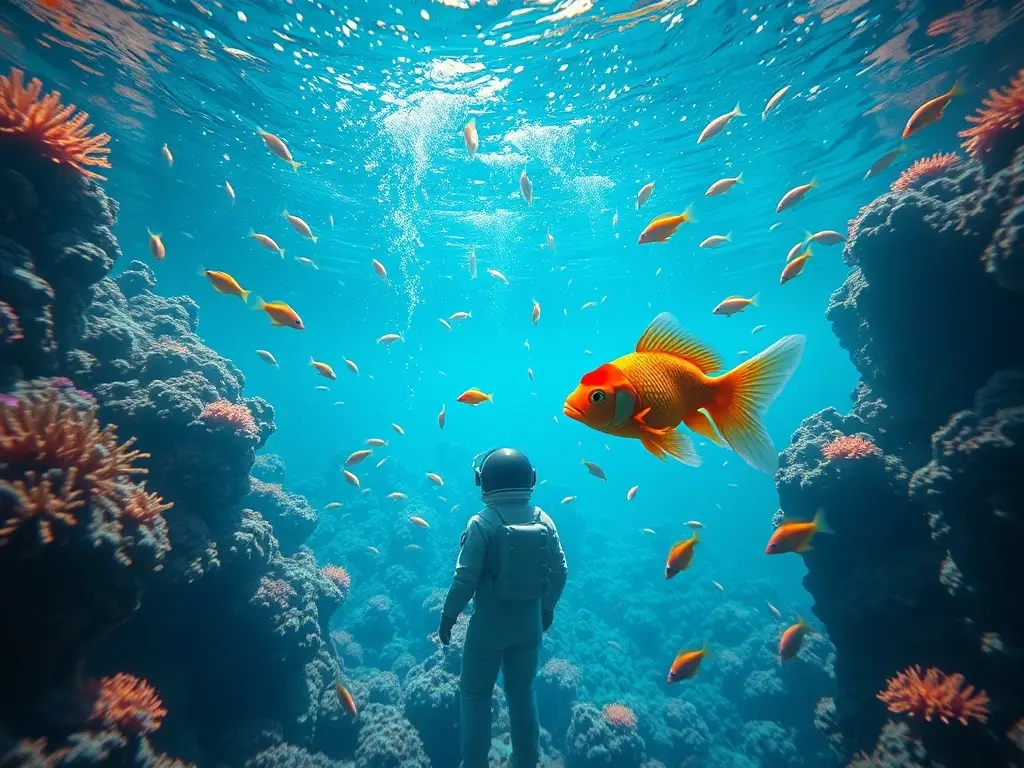 Astronauta observa goldfish en coral bioluminescente