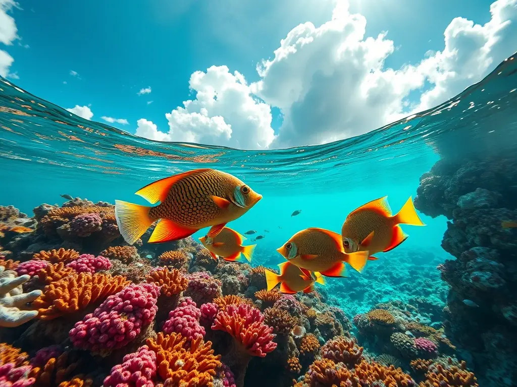 Un coral vibrante con peces coloridos y un cielo maravilloso