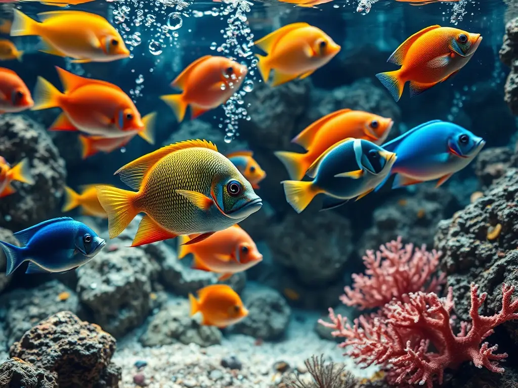 Es un acuario real y vibrante, lleno de peces tropicales