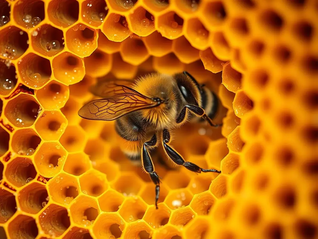 Fotografía realística de una abeja trabajadora en una hived, detallada y precisa