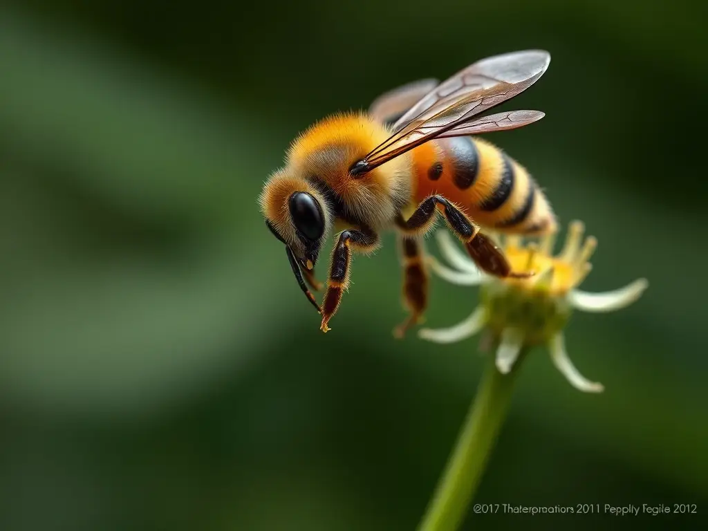 fotografía realista de abeja solitaria, en flor delicada con patrón de celdillas