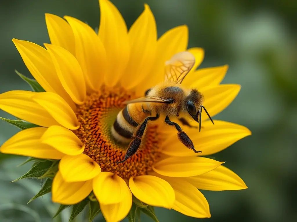 Ilustración fotorealista de abeja polinizadora en girasol, natural y enfoque nítido