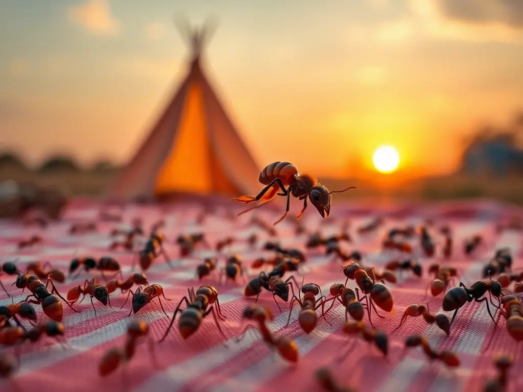Foto realista de un picnic, con hormigas microscópicas en el diseño
