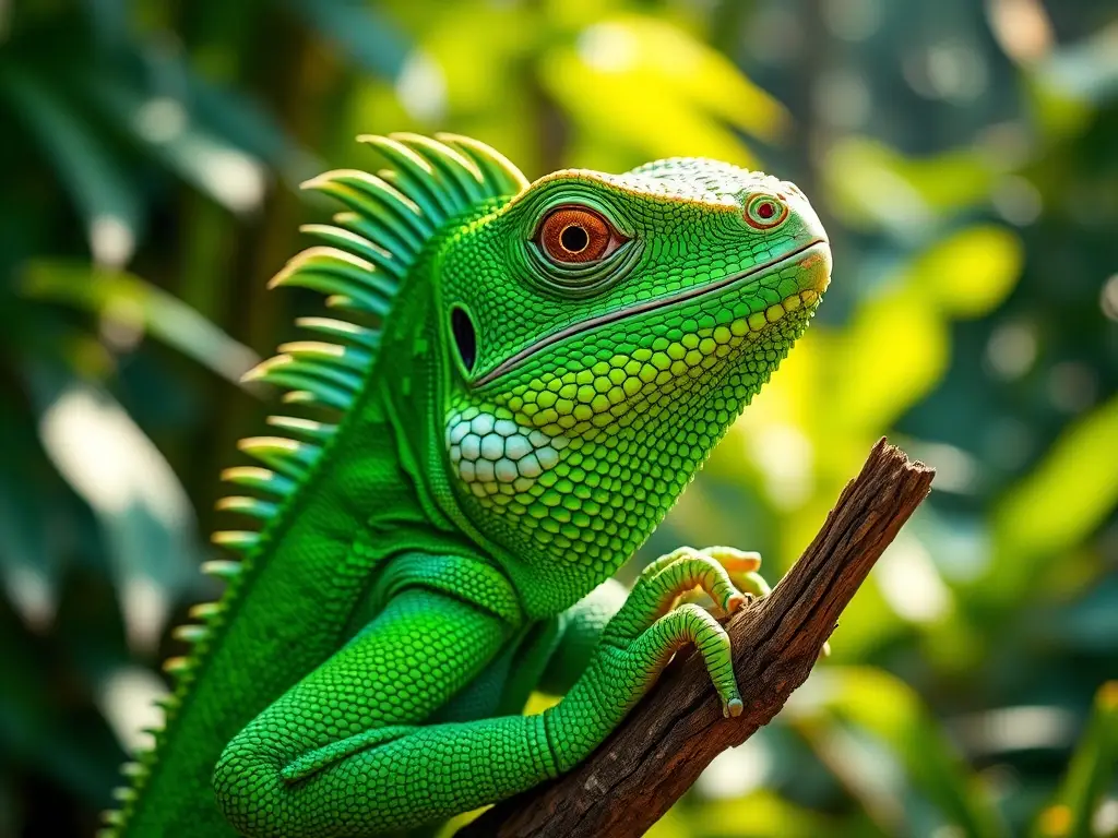 Fotografía de iguana verde ornada en un bosque exuberante