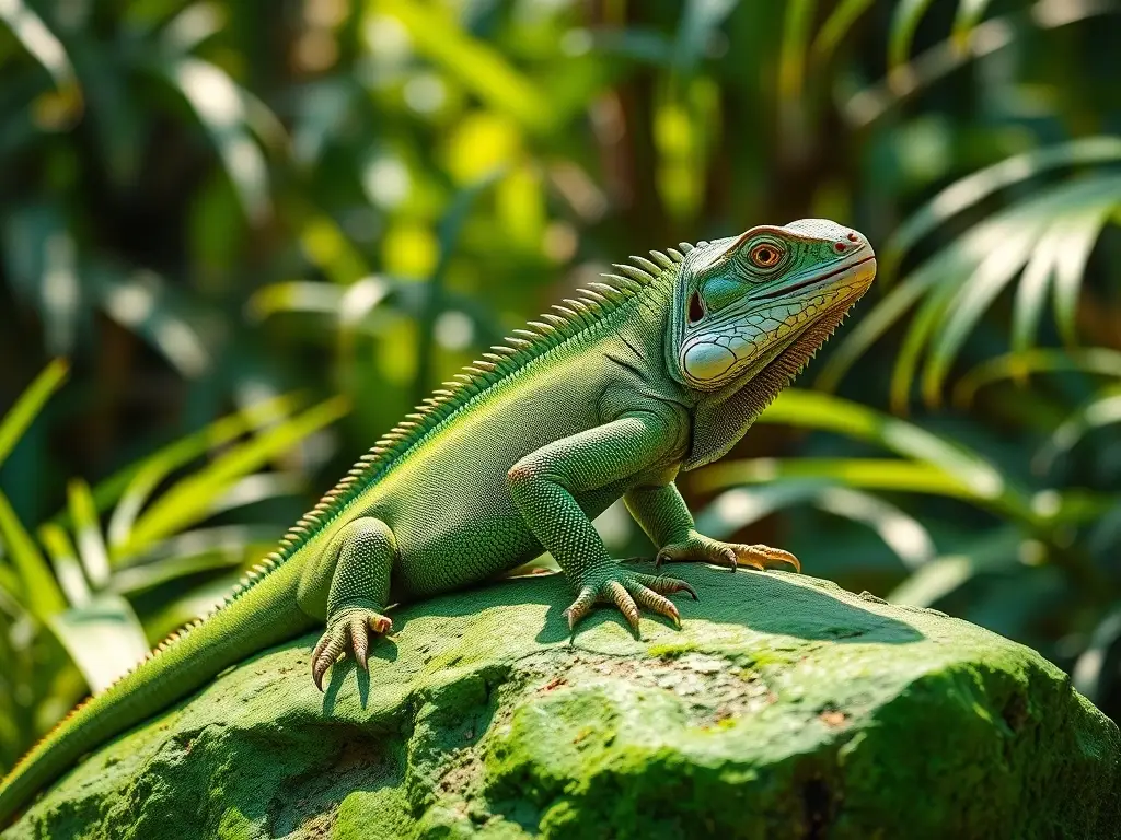 Fotografía realista de iguana verde en un roco de un claro jungla