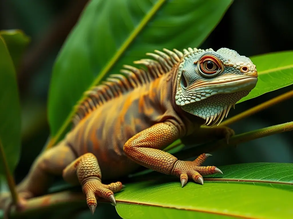 Fotografía realista de iguana con cola rizada, detallada y natural