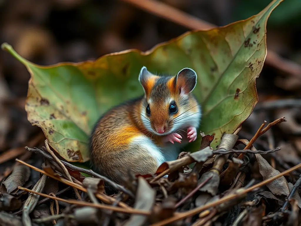 Foto realista de ratón campo observando una hoja muerta