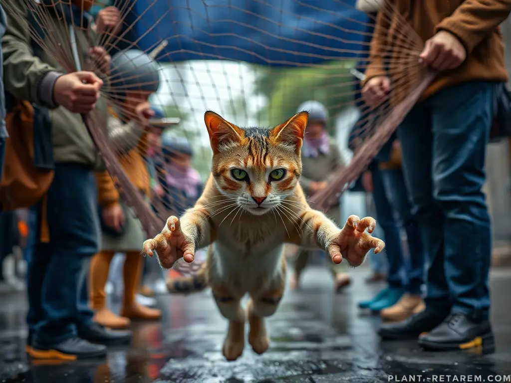 Imagen realista de personas ayudando a un gato a refugiarse del aguacero