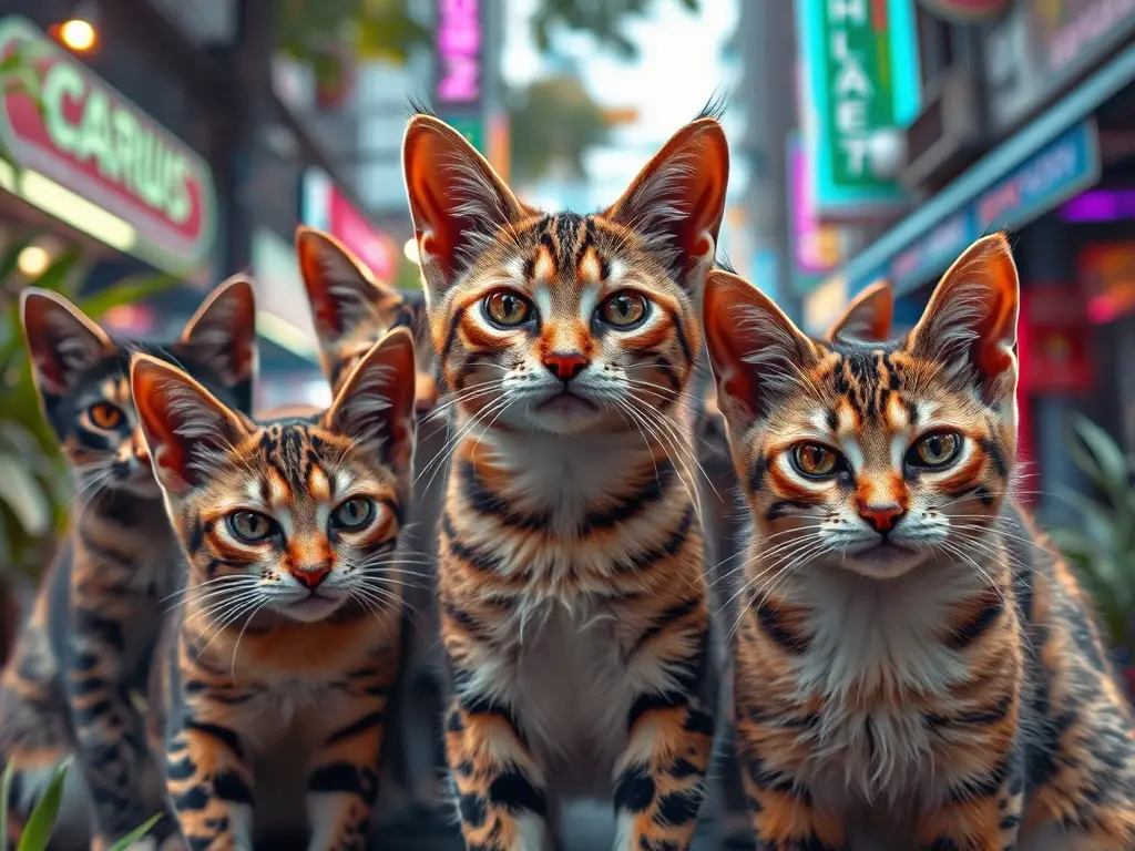Fotografía realista de gatos salvajes en un urban sprawl vibrante