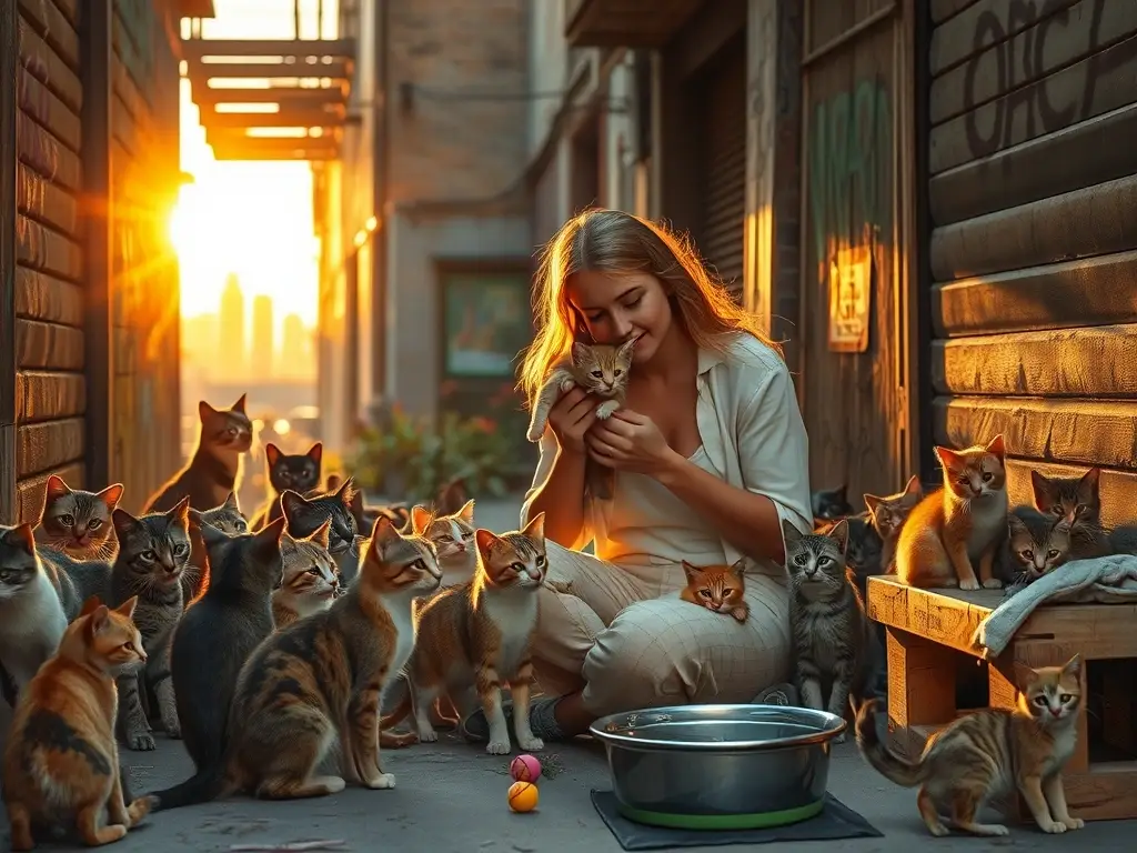 Cuidadora protege gatitos bajo luz dorada