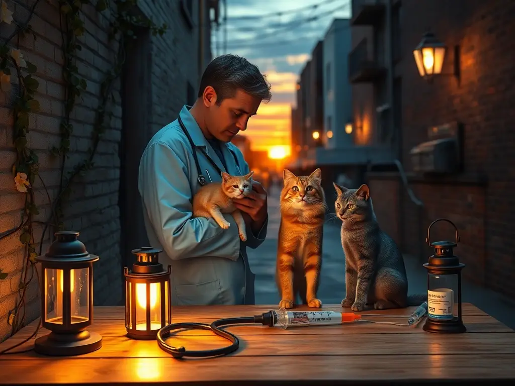 Veterinario protege gato en clínica al atardecer