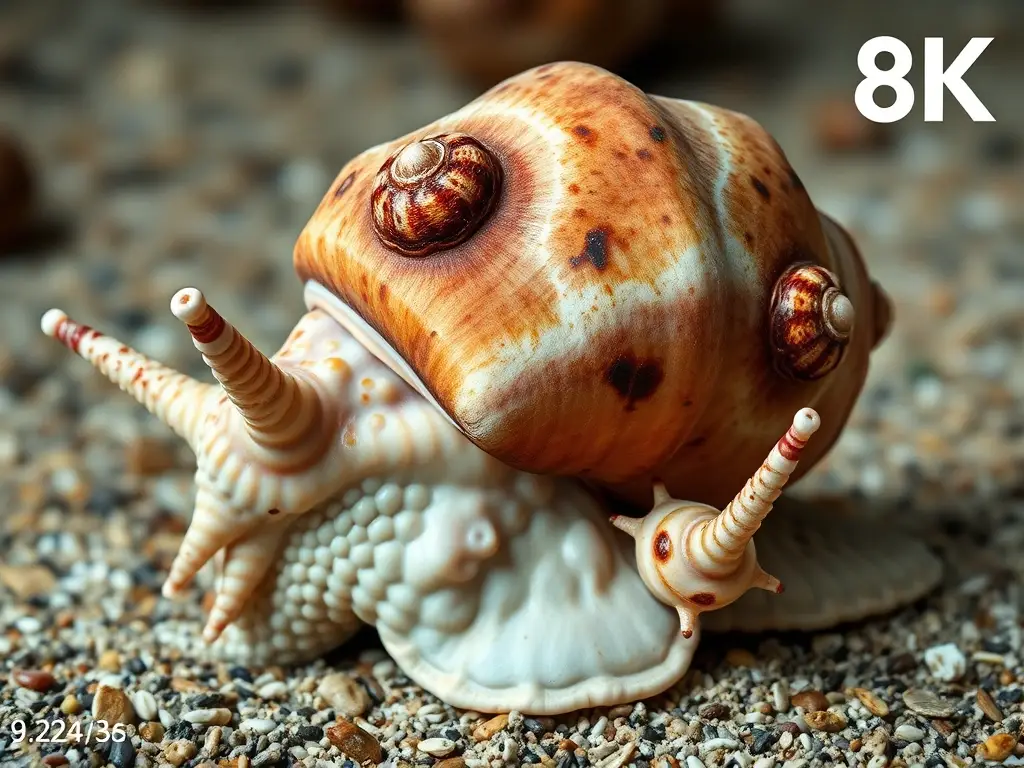 Imagen realista y científica de una caracola caribeña gigante con radula y ornamento perfectos