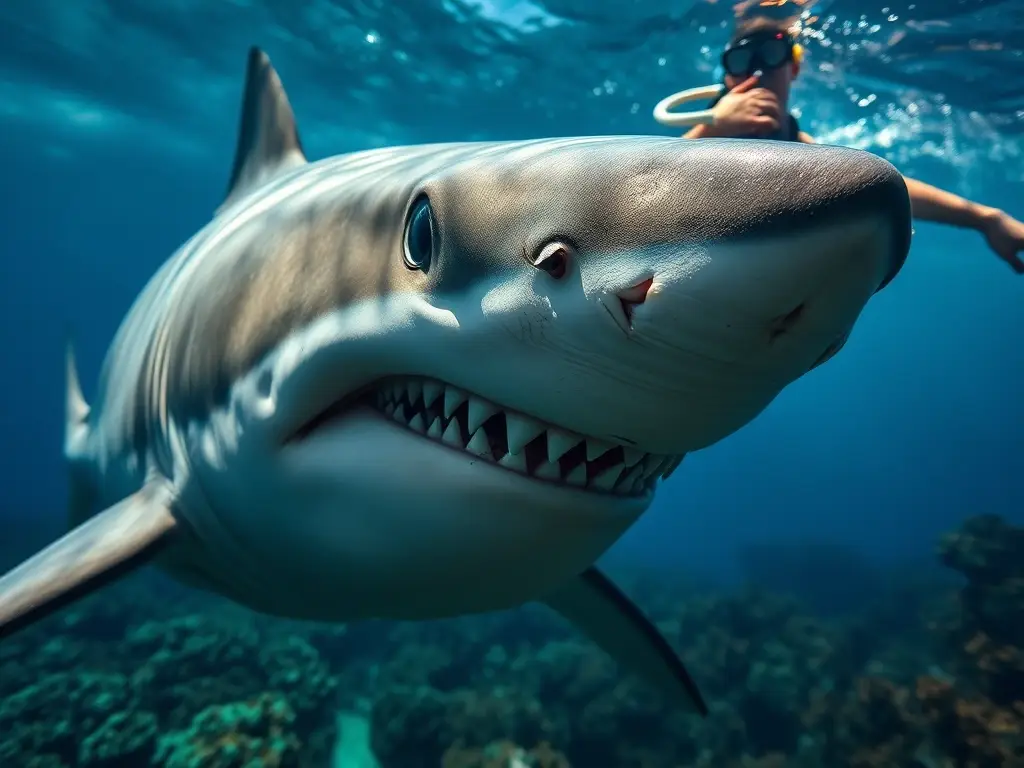 Fotorealista, gran tiburón blanco explorando el océano