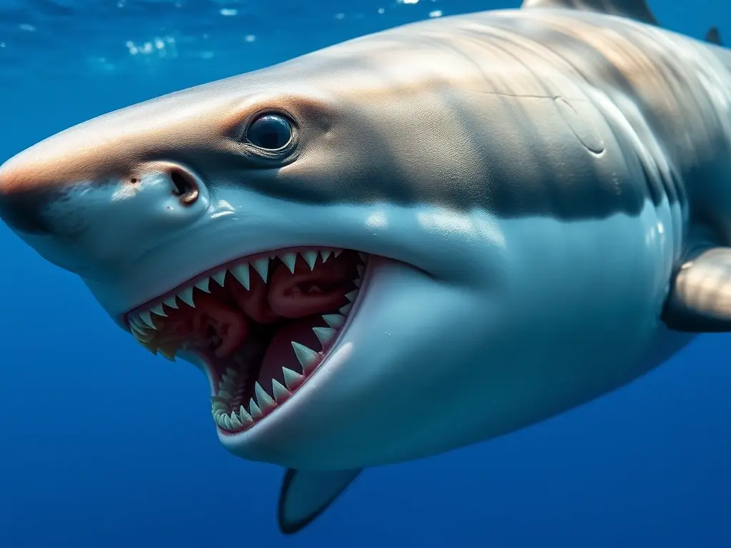 Una ilustración realista de un tiburón blanco en alta resolución, sin elementos extraños