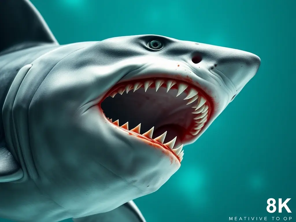 Fotorealista, tiburón blanco majestuoso con mandíbulas abiertas
