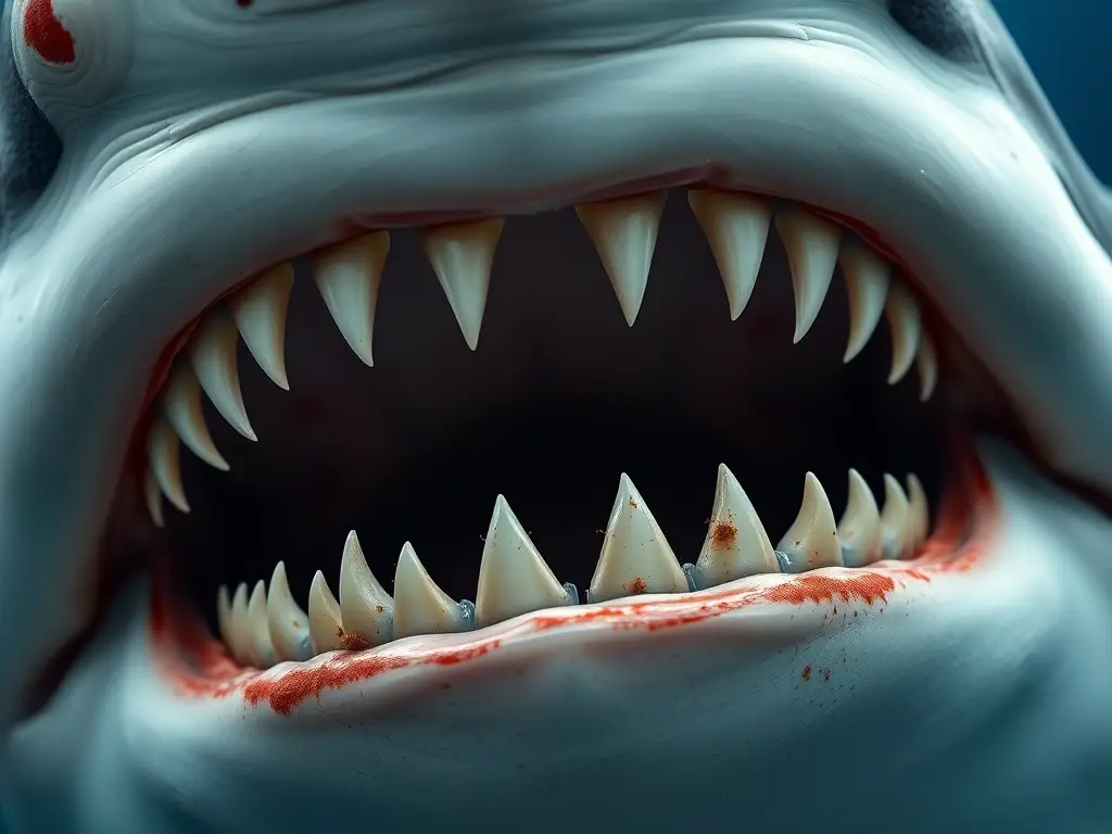 Un magnífica pintura realista de un tiburón blanco con una dentición formidable