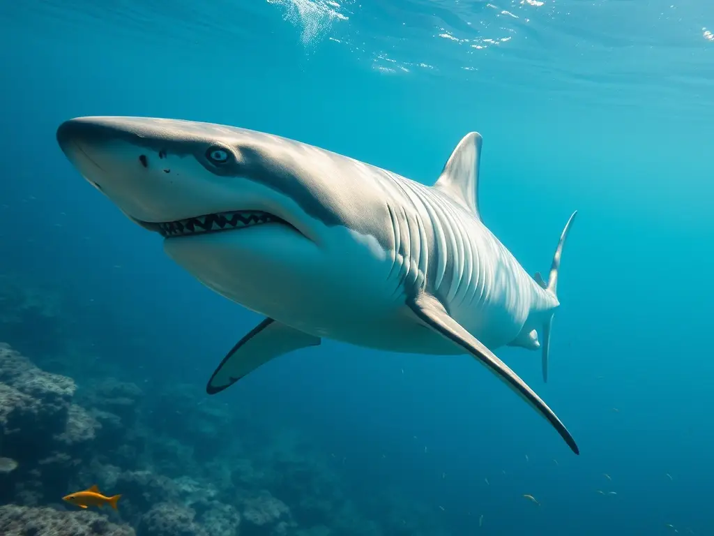 Gran tiburón blanco bajo agua cristalina