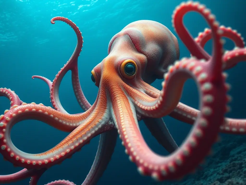 Imagen fotorealista de calamar gigante con tinta, sin texto ni marca