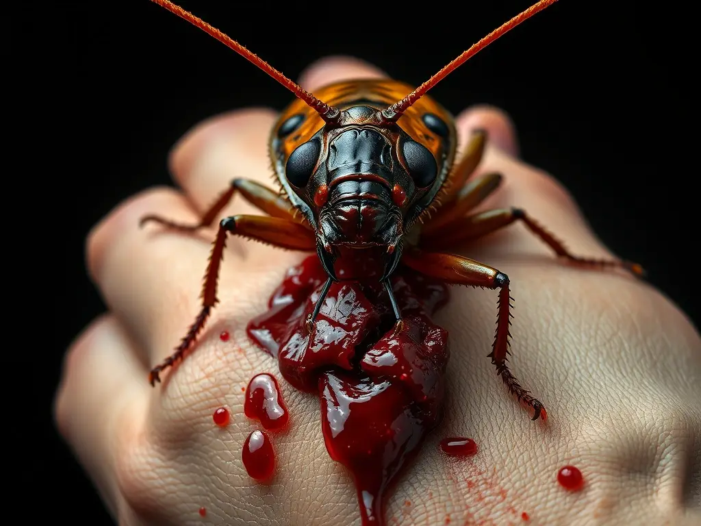 Un cockroach realista devora una mano humana en oscuridad