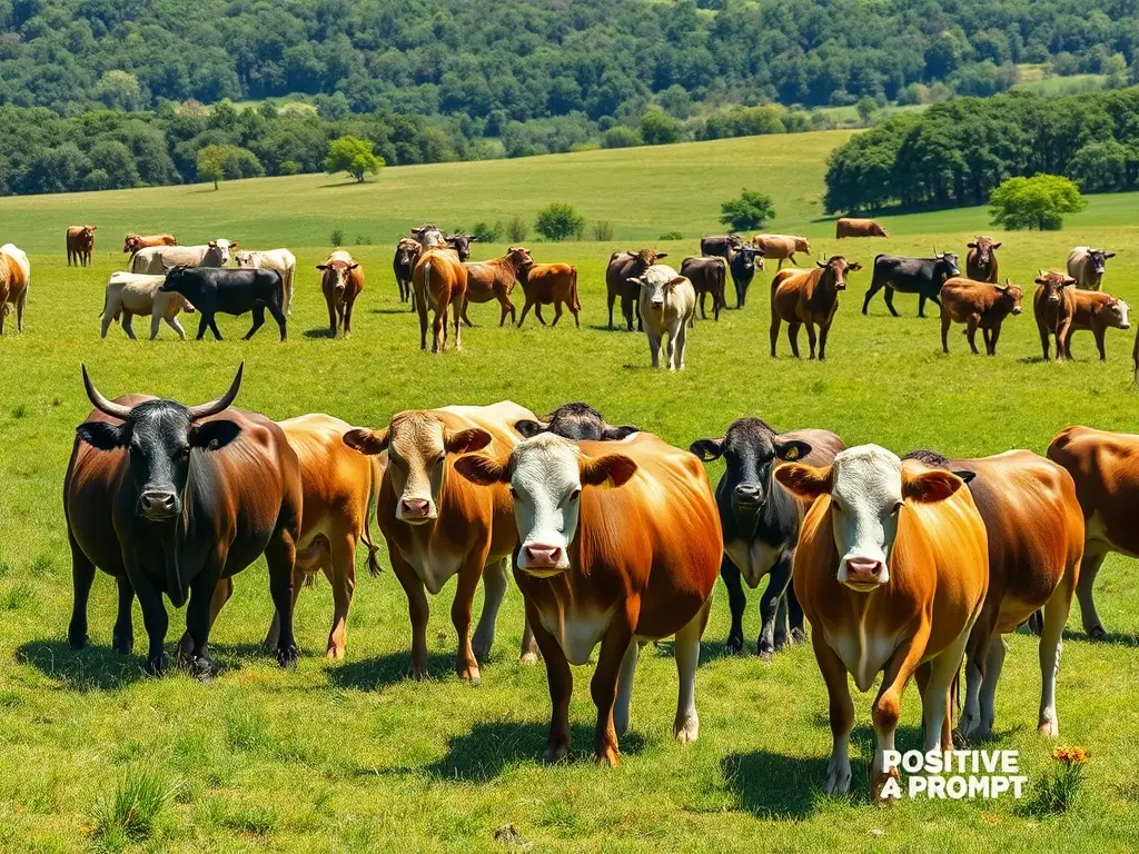 Genera una imagen realista de vacas pastoreando en un paisaje exuberante