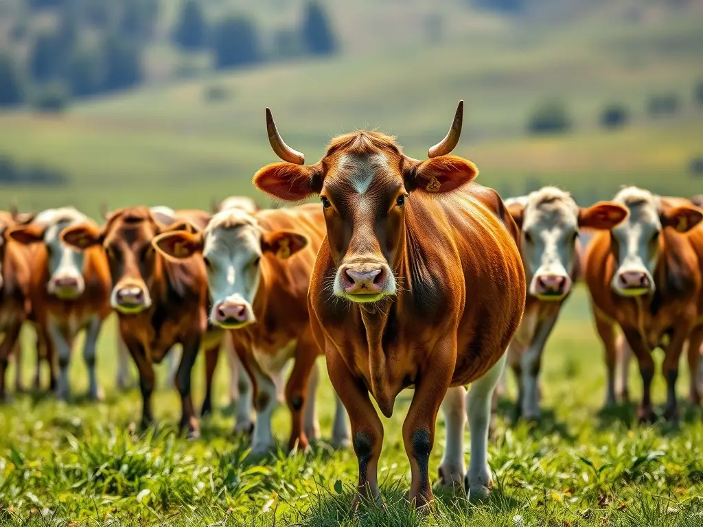 Fotografía realística de vacas con pasto y sombras
