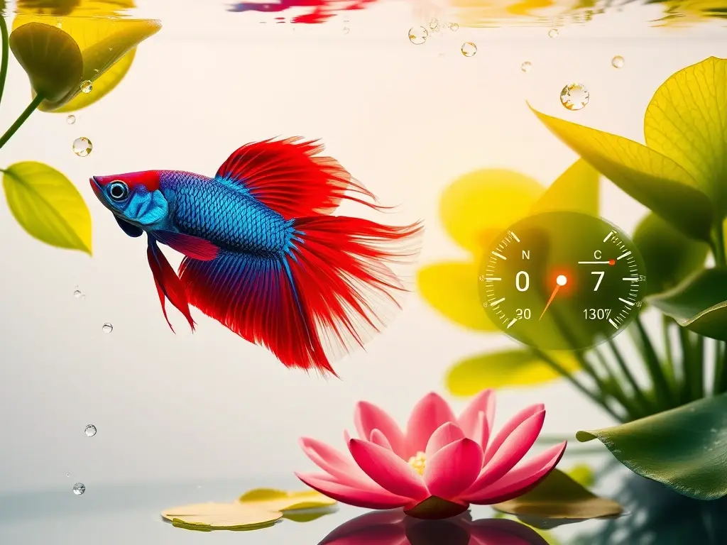 Betta azul‑rojo en acuario cristalino hiperrealista