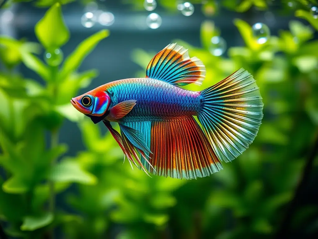 Betta macho brillante nadando en acuario frondoso