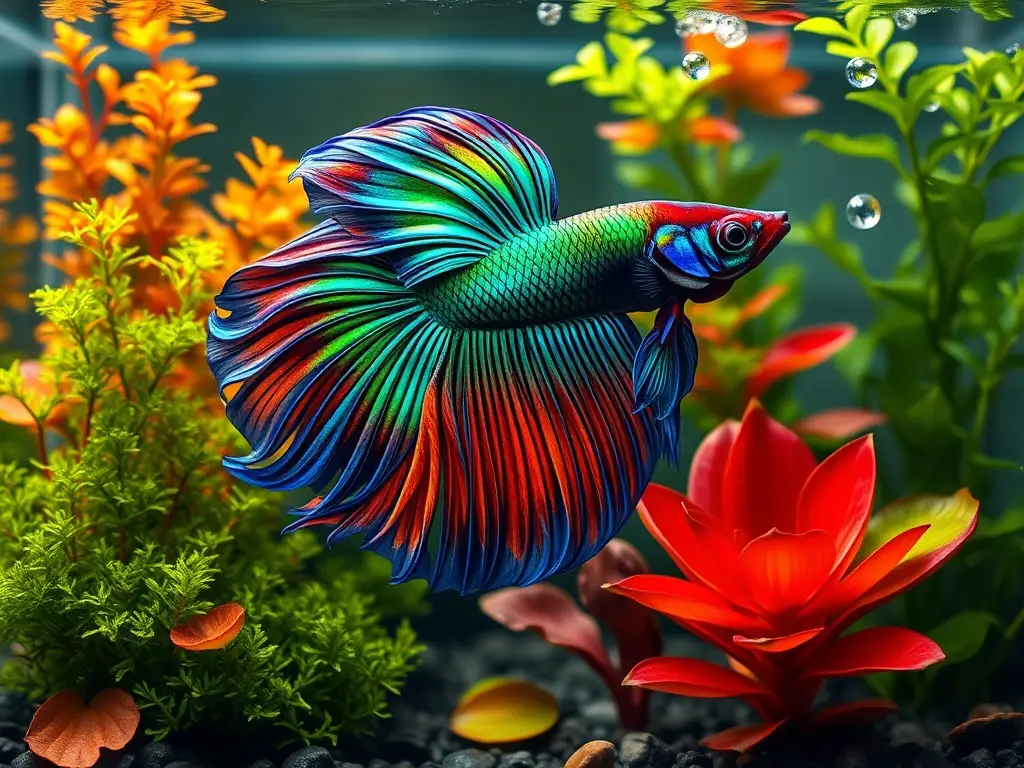 Betta vibrante nada en acuario cristalino