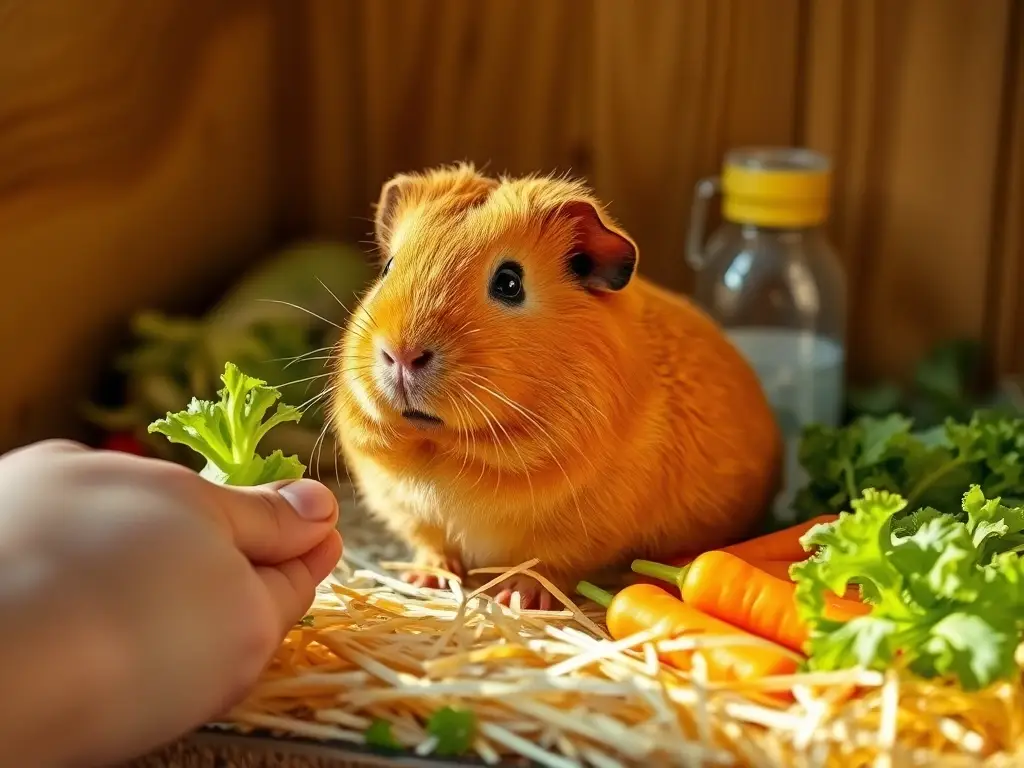 Cuy saludable en paja, rodeado de verduras