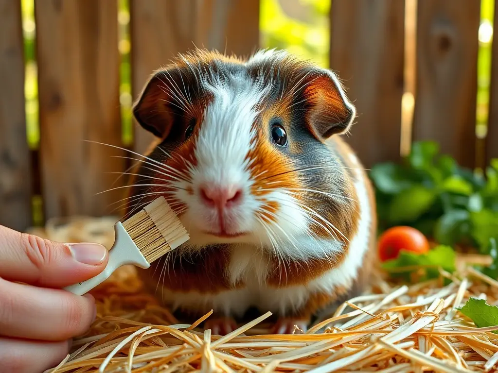 Cuy sano, brillante, sobre paja, cepillo
