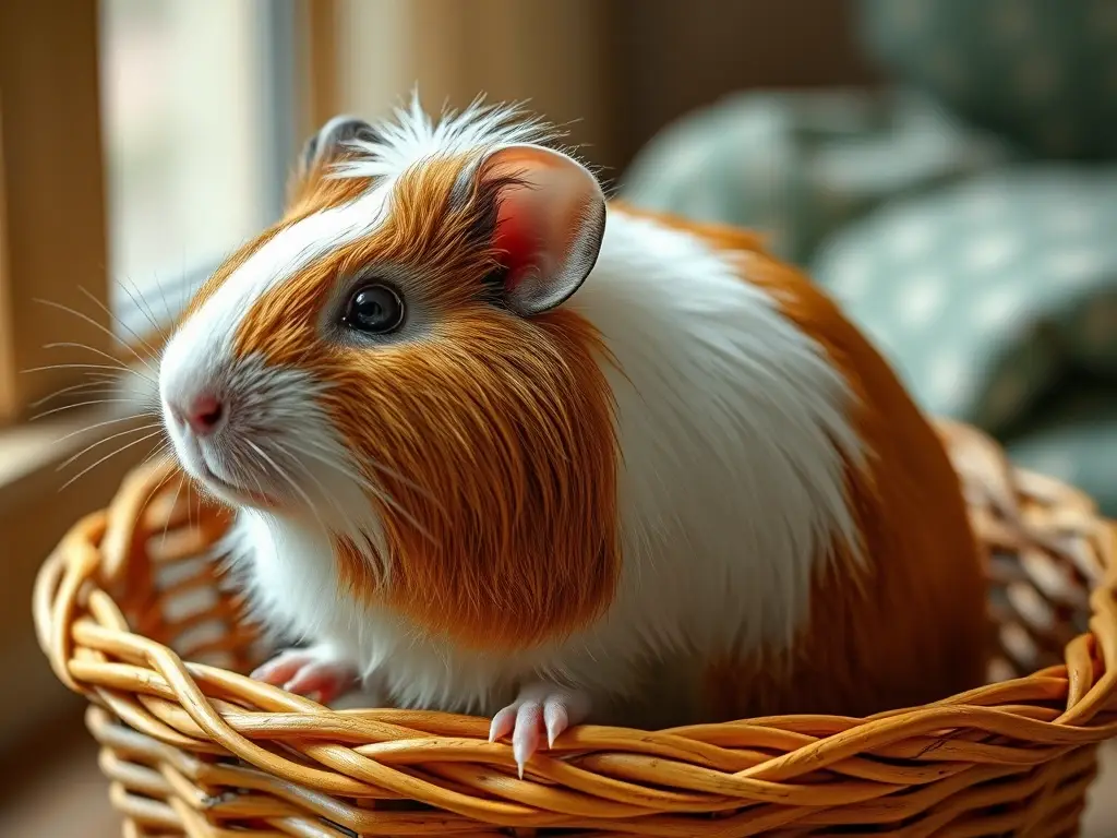 Foto realística de cuy coronete en un cesto, con nitidez, naturalidad y detalle