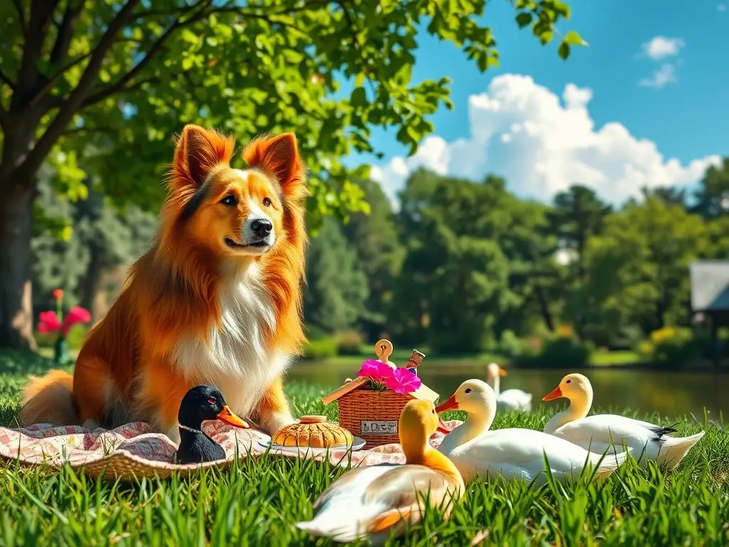 Un tranquilo picnic en un parque con animales con una pintura realista