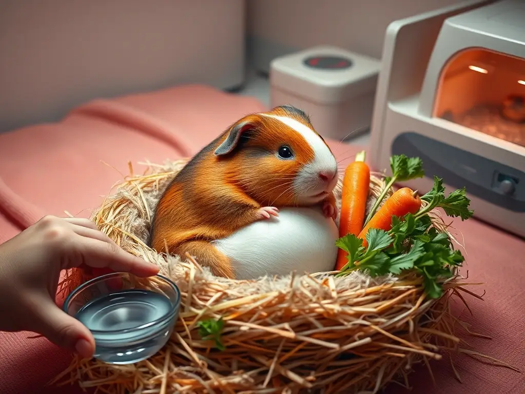 Cobaya preñada en nido, cuidada veterinariamente