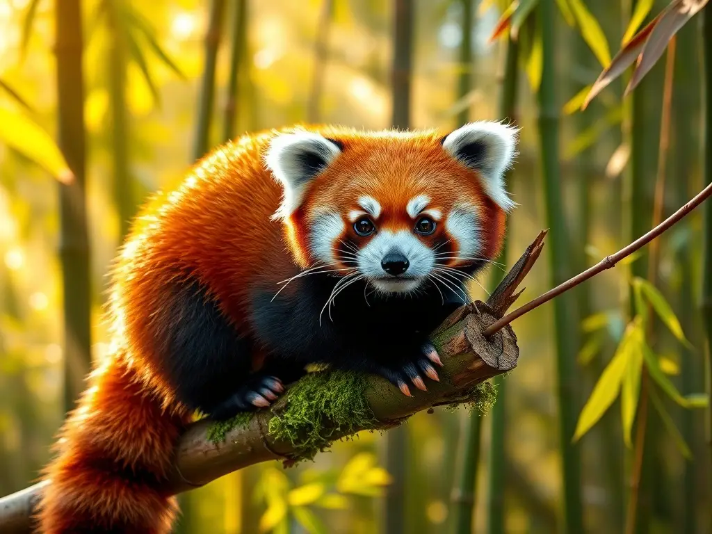 Retrato fotorrealista de panda rojo en bambú
