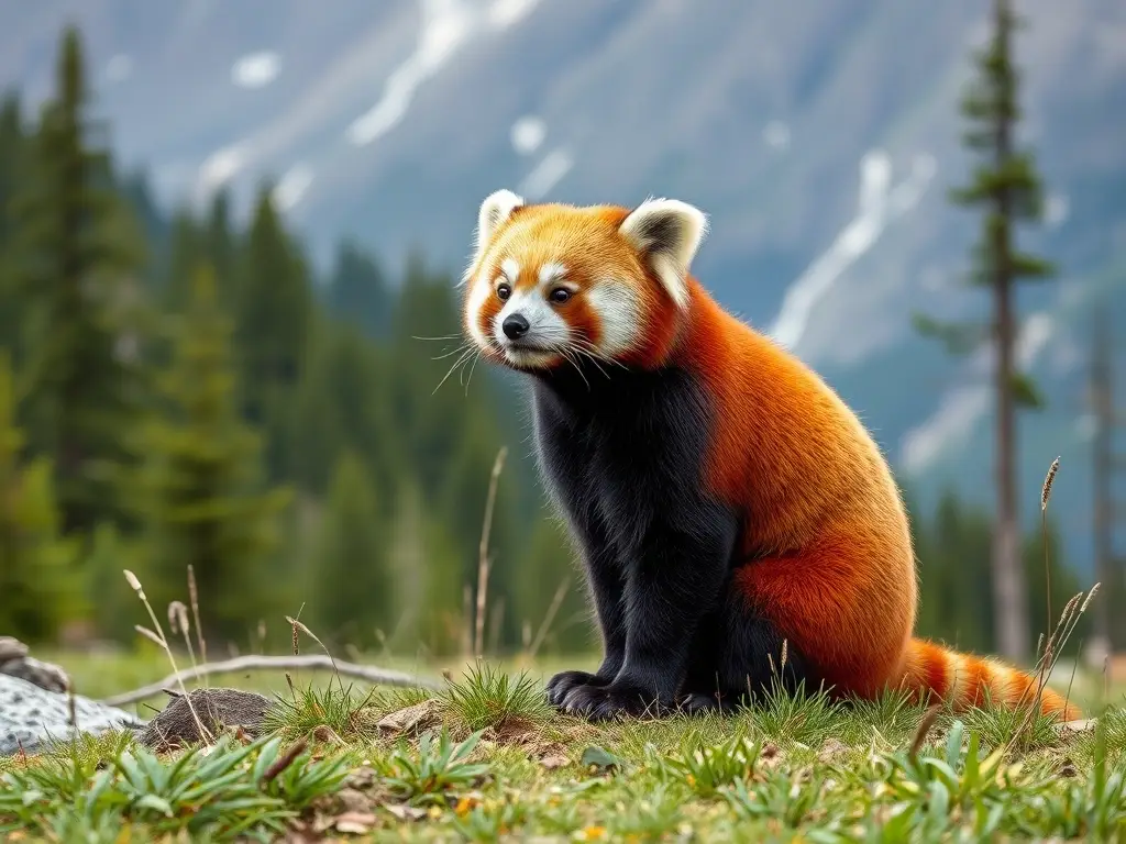 Imagen realista y detallada de un panda rojo en un bosque montañoso