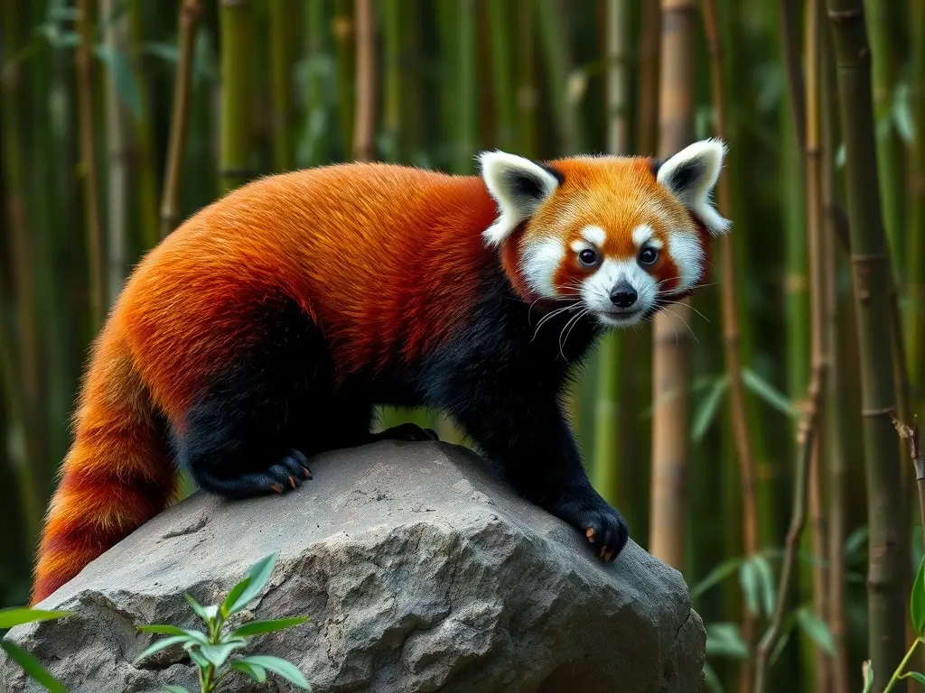 Fotografía realista de un panda rojo endangered en un bosque de bambú