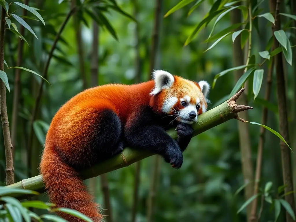Photorealistic image of a red panda resting on bamboo