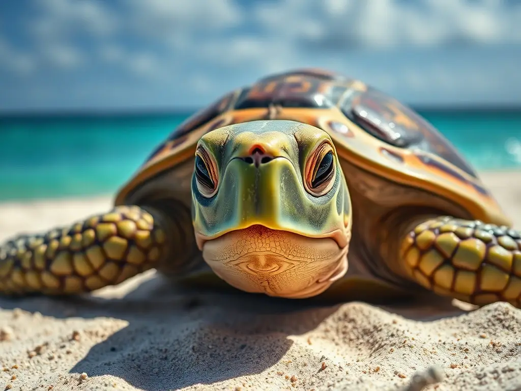 Fotografía realista de tortuga marina descansando en un paraíso tropical