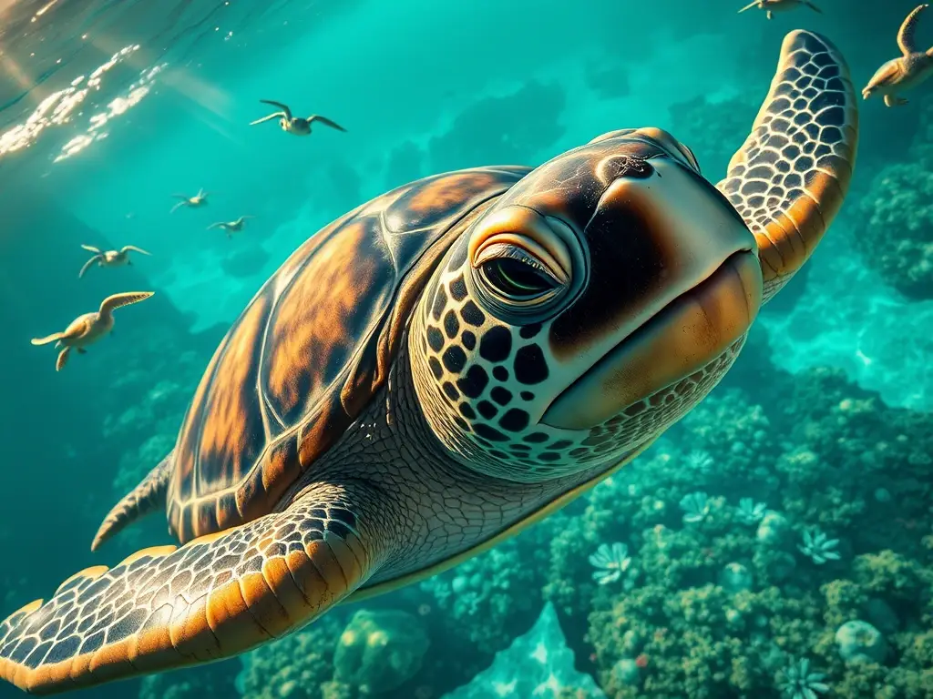 Tortuga anciana y sabia en arrecife vibrante